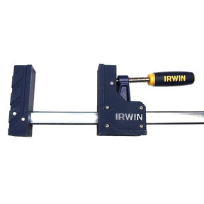 Irwin woodworking parallel bar clamp with blue pads and yellow handle