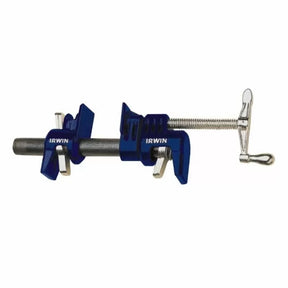 Blue pipe clamp woodworking tool with adjustable metal jaw and handle on white background