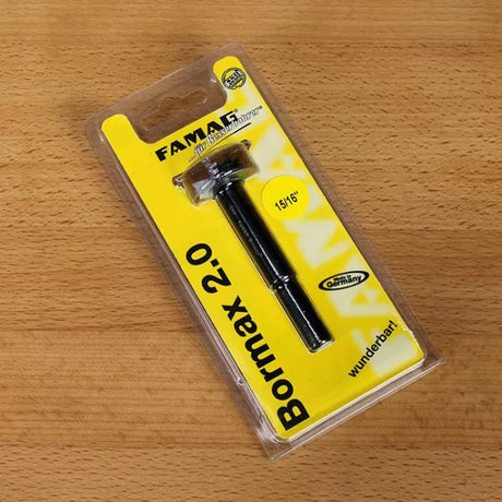 Bormax 2.0 Forstner drill bit 15/16 inch in yellow packaging on wood surface