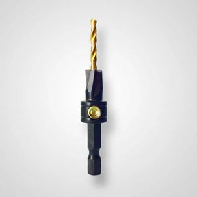 Woodworking countersink drill bit with hex shank and adjustable collar on white background
