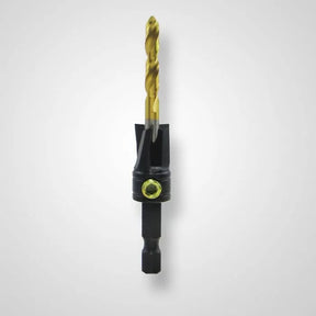 Titanium coated woodworking drill bit with hex shank and countersink on white background