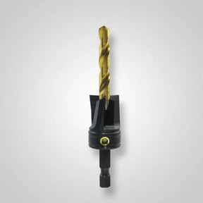 Titanium coated countersink drill bit for woodworking on a gray background