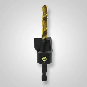 Titanium-coated woodworking countersink drill bit with hex shank on gray background