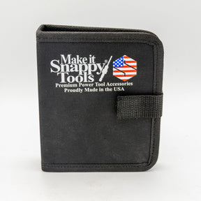 Black zippered bit case for power tool accessories with USA logo and Make It Snappy Tools text