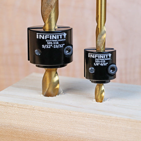 Two drill bit stop collars on gold drill bits boring holes in wood for woodworking precision.