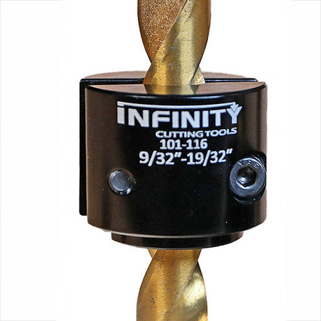 Adjustable drill bit stop collar mounted on a gold-colored drill bit for woodworking