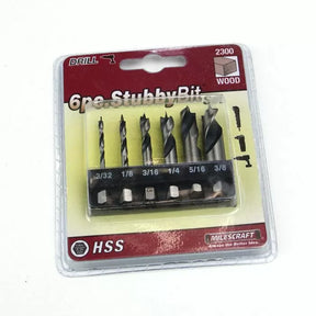 6-piece stubby HSS drill bit set for woodworking, packaged with labeled sizes 3/32 to 3/8 inch