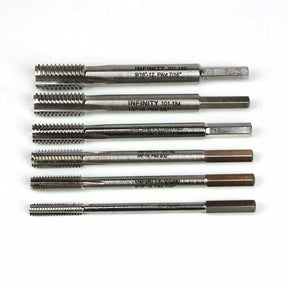 Set of six metal woodworking threading taps arranged on a white background