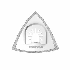 Triangular oscillating tool blade with grit edge, labeled 'Imperial,' for woodworking.