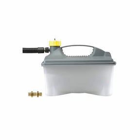 Plastic woodworking dust collection container with handle, hose attachment, and brass fitting