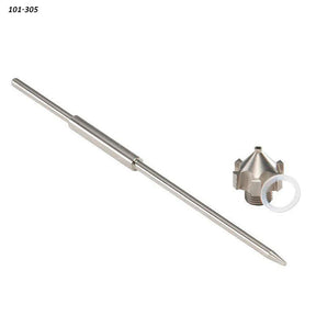 Precision woodworking nozzle, needle, and washer set on white background