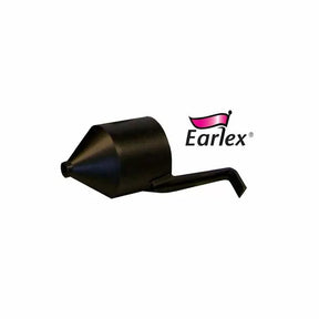 Black plastic cone-shaped woodworking tool part with angled handle, Earlex logo on white