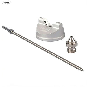 Metal spray gun parts kit including a nozzle, needle, and cap for woodworking tools