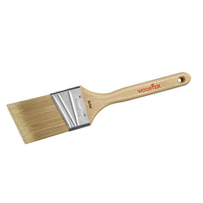 Flat paintbrush with wooden handle and synthetic bristles for woodworking projects