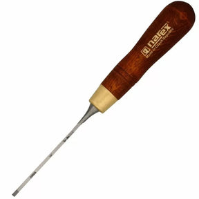 Narex woodworking chisel with wood handle and narrow steel blade on white background