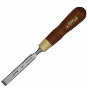Woodworking chisel with a wooden handle and steel blade, tool for precise carving
