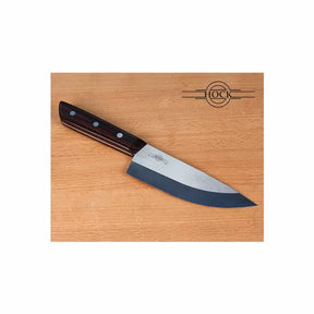 Chef's knife with wooden handle and steel blade on a wood surface