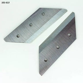 Pair of replacement jointer knives with beveled edges and mounting holes on white background