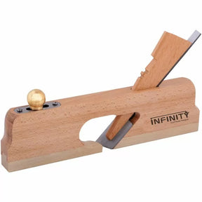 Wooden rabbet plane hand tool with brass knob and angled blade for woodworking
