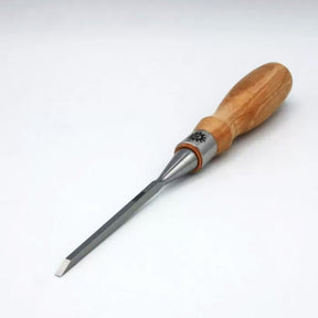 Woodworking chisel with sharp steel blade and wooden handle on white background