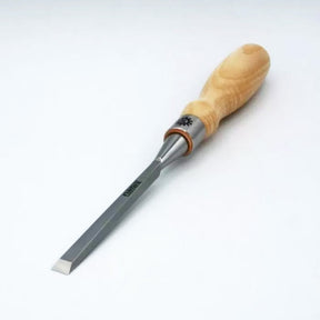 Woodworking chisel with sharp steel blade and ergonomic wooden handle on white background