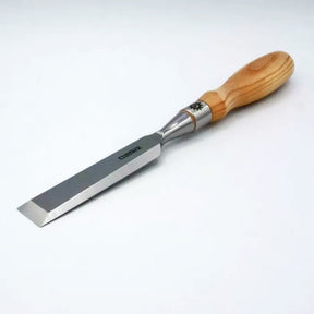 Woodworking chisel with sharp beveled blade and wooden handle on white background