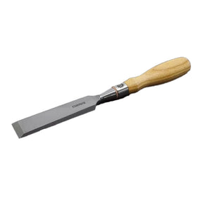 Woodworking chisel with steel blade and wooden handle for precise carving and joinery