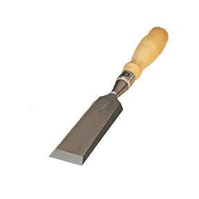 Woodworking chisel with beveled steel blade and ergonomic wooden handle on white background