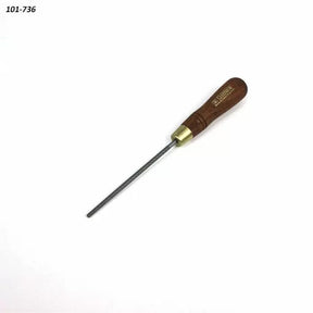 Woodworking round file with textured steel shaft and wooden handle on white background