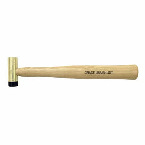 Brass hammer with wooden handle for woodworking, marked GRACE USA BH-4DT on white background