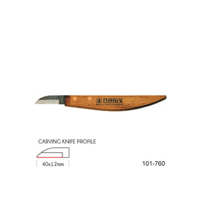Wood carving knife with wooden handle, 40x12mm blade, and carving knife profile diagram