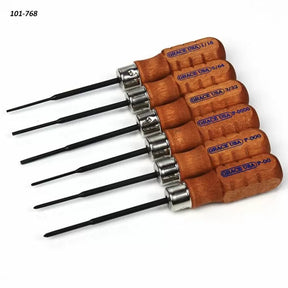 Set of six precision screwdrivers with wooden handles, ideal for woodworking projects.