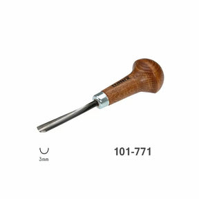 3mm wood carving gouge with curved steel blade and ergonomic wood handle, model 101-771