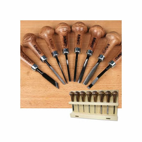 Woodworking chisel set with wooden handles and display rack on a wood surface