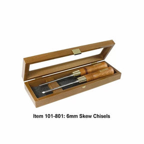 6mm skew chisels set with wooden handles in an open wood storage box
