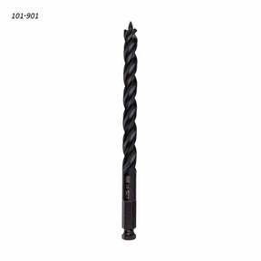 Black auger drill bit with hex shank for woodworking, shown on white background