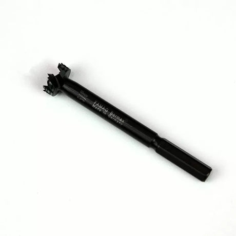 Carbide tipped Forstner bit for woodworking, black finish, close-up on white background