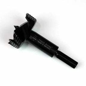Black Forstner drill bit for woodworking, sharp teeth, flat shank on white background.