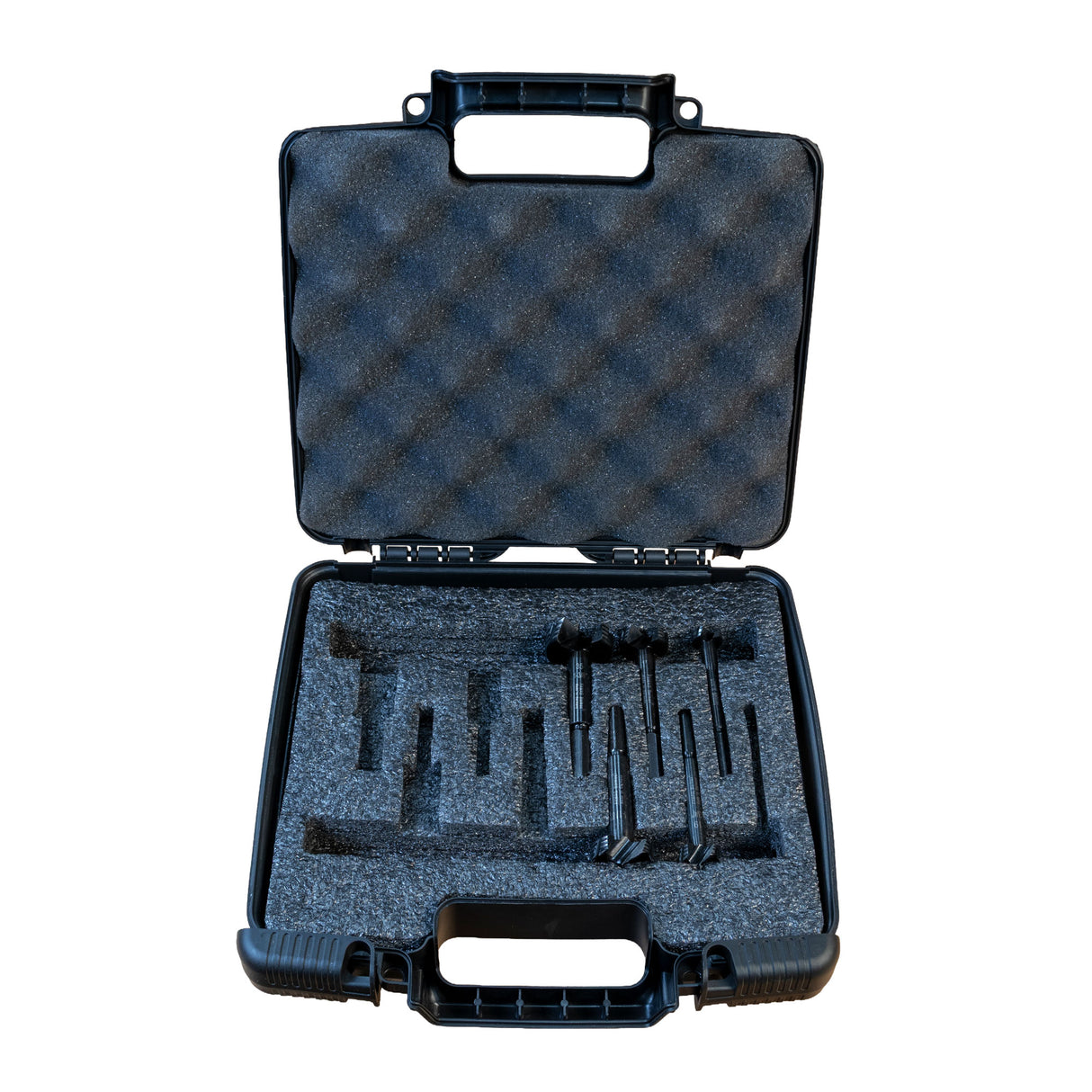 Black hard-shell carrying case with foam interior with Famag forstner bits on a white background