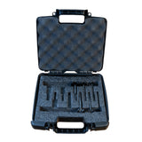 Black hard-shell carrying case with foam interior with Famag forstner bits on a white background