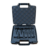 Black tool case with compartments holding Famag forstner bits on a white background