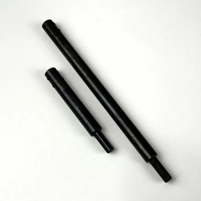 Two black drill bit extension rods for woodworking on a white background