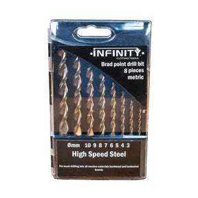 Metric brad point drill bit set, 8 pieces, high speed steel for woodworking.