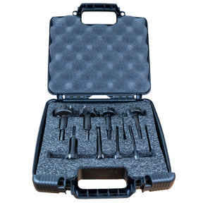 Set of woodworking router bits in protective foam case for precision cutting tools