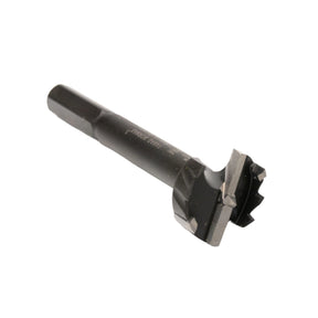 Carbide tipped Forstner bit for woodworking, hex shank, isolated on white background