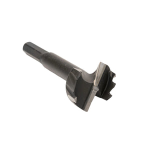 Carbide tipped Forstner bit for woodworking with sharp cutting edges on white background