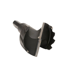 Carbide-tipped Forstner bit for woodworking, sharp edge, clean cutting surface visible
