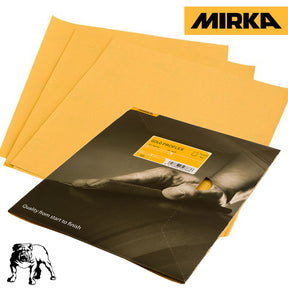 Mirka Gold Proflex sandpaper sheets for woodworking, shown in packaging and loose sheets.