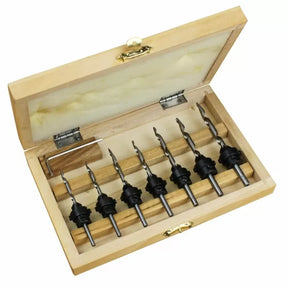 Woodworking countersink drill bit set in wooden case, precision tools for carpentry projects