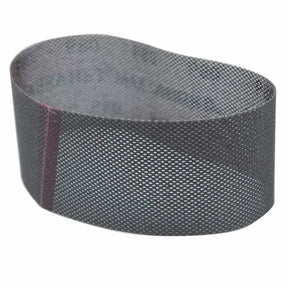 Mesh sanding belt for woodworking, close-up showing abrasive texture and seamless joint